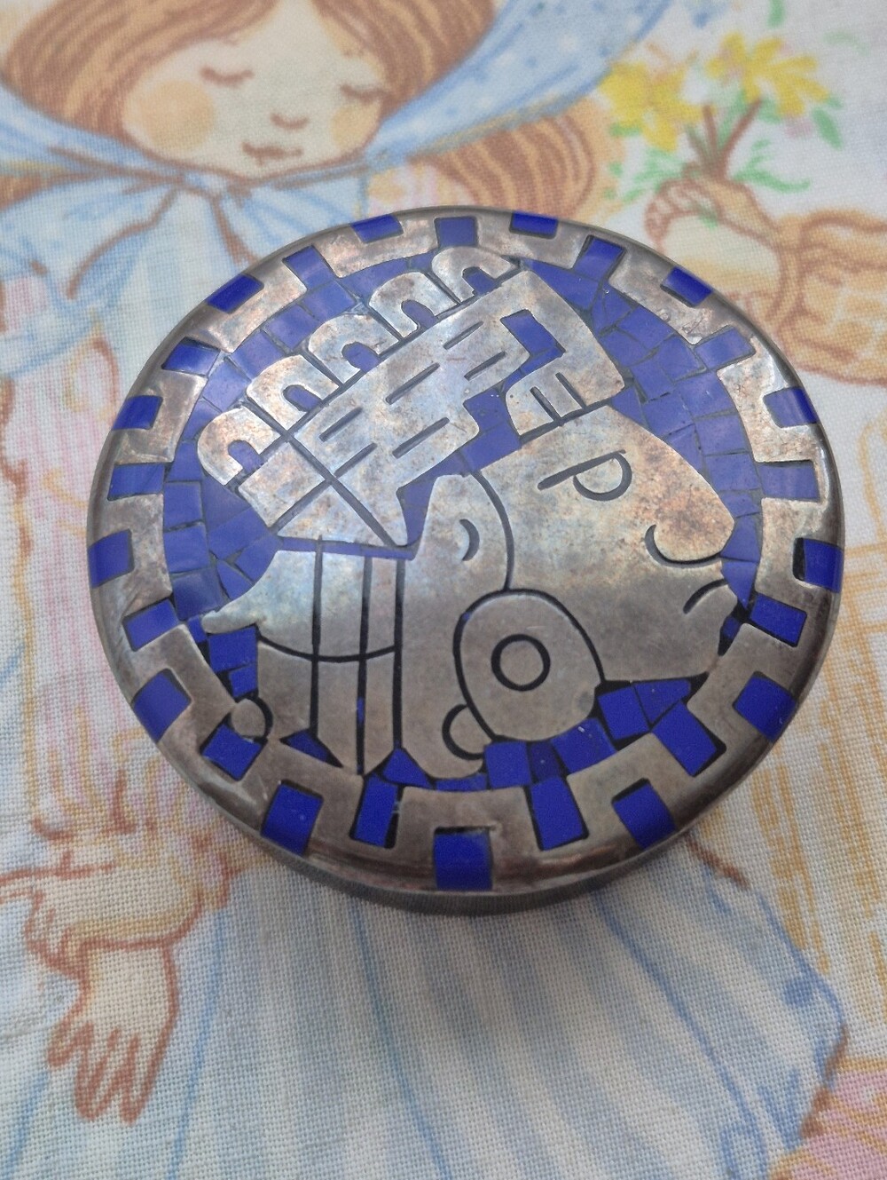 🌙VTG Taxco Sterling Silver Lapis Lazuli Pill Box Aztec Motif 925  Heavy 89g